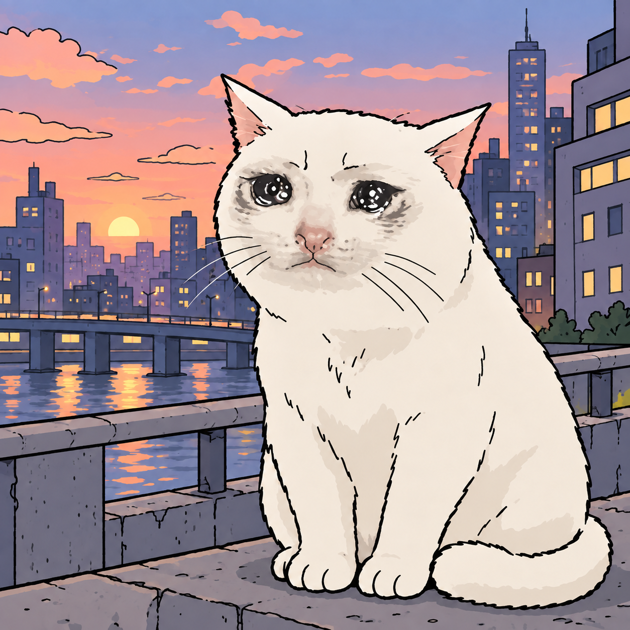 A fluffy, teary-eyed cream cat sitting beside the river, with a hand-painted city skyline at sunset.